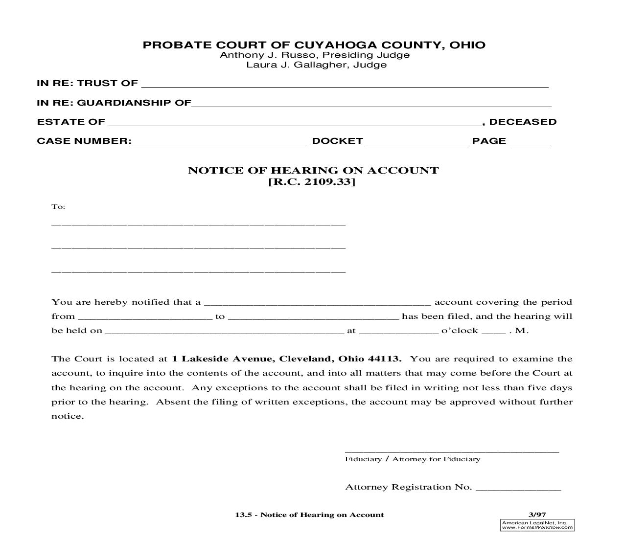 Notice Of Hearing On Account {13.5} | Pdf Fpdf Doc Docx | Ohio