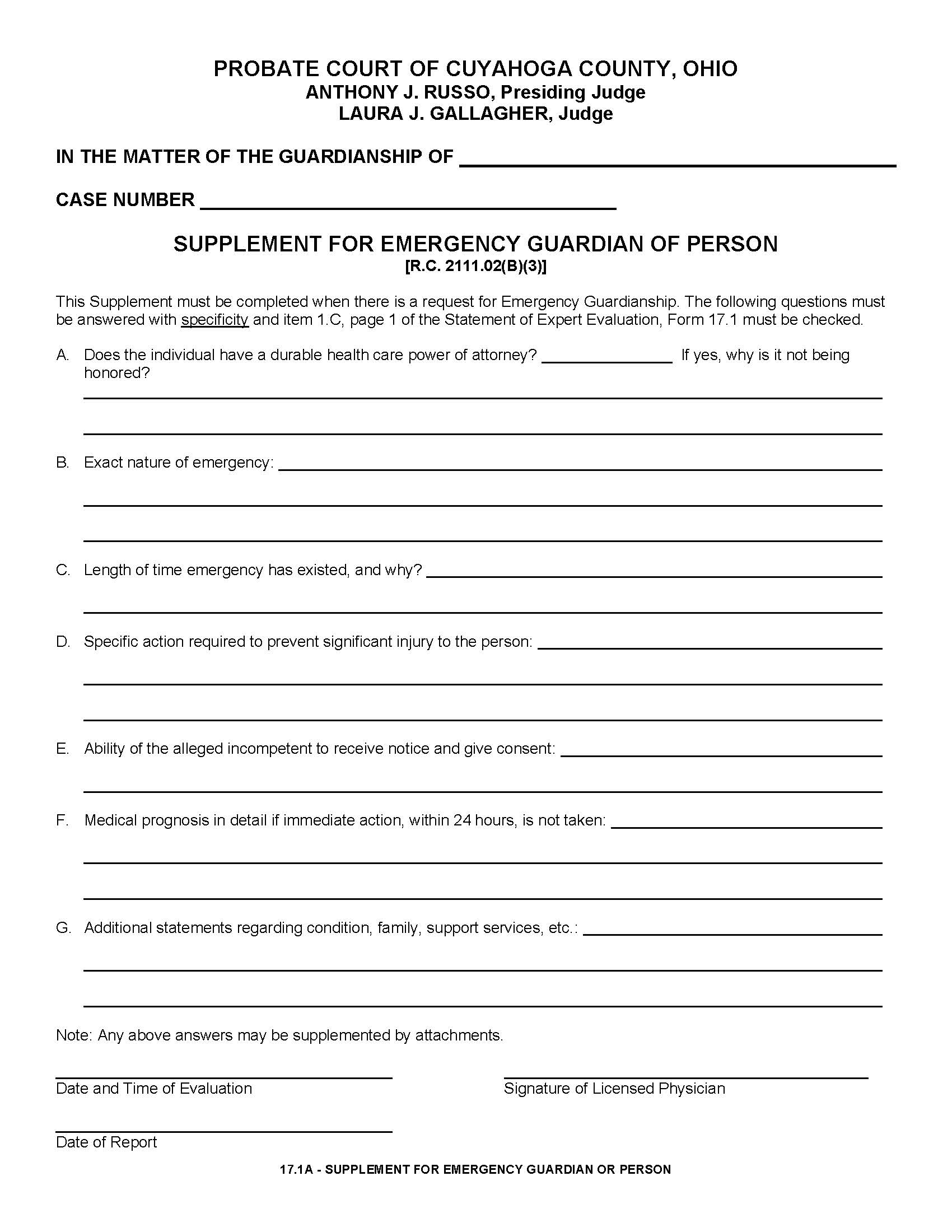 Supplement For Emergency Guardian Of Person (Cuyahoga) {17.1a} | Pdf Fpdf Doc Docx | Ohio