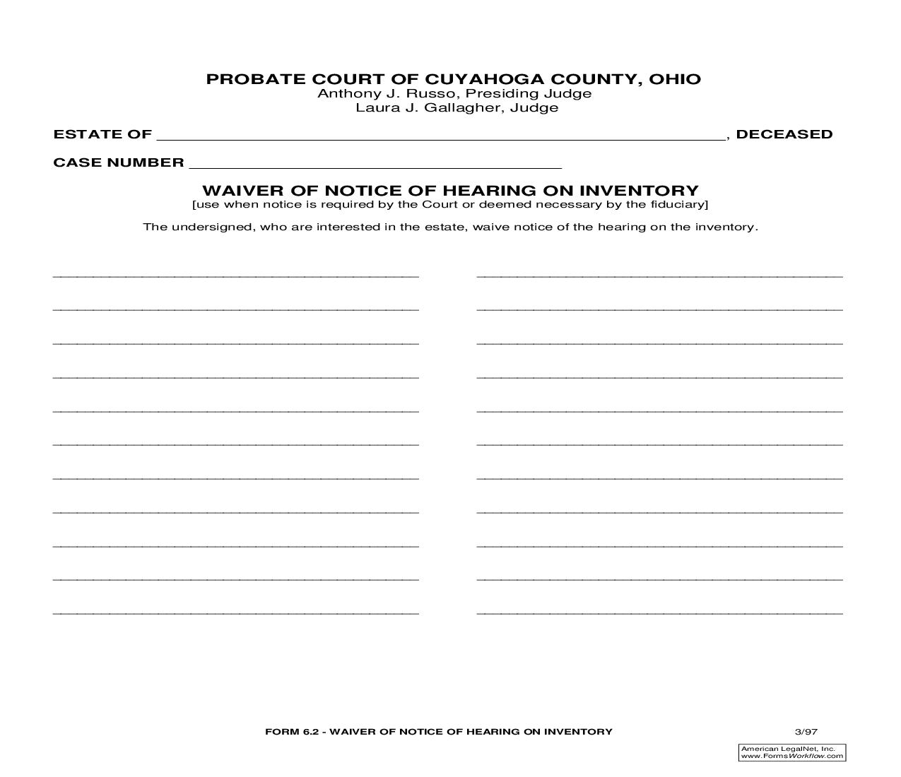 Waiver Of Notice Of Hearing On Inventory {6.2} | Pdf Fpdf Doc Docx | Ohio