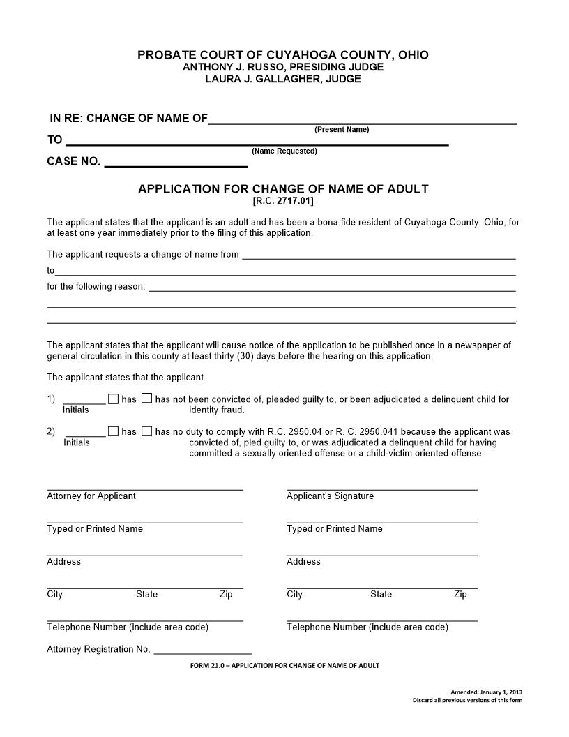 Application For Change Of Name Of Adult {21.0} | Pdf Fpdf Doc Docx | Ohio