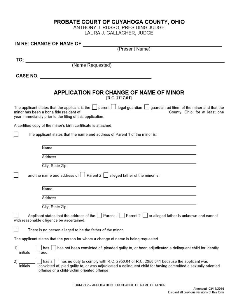 Application For Change Of Name Of Minor {21.2} | Pdf Fpdf Doc Docx | Ohio