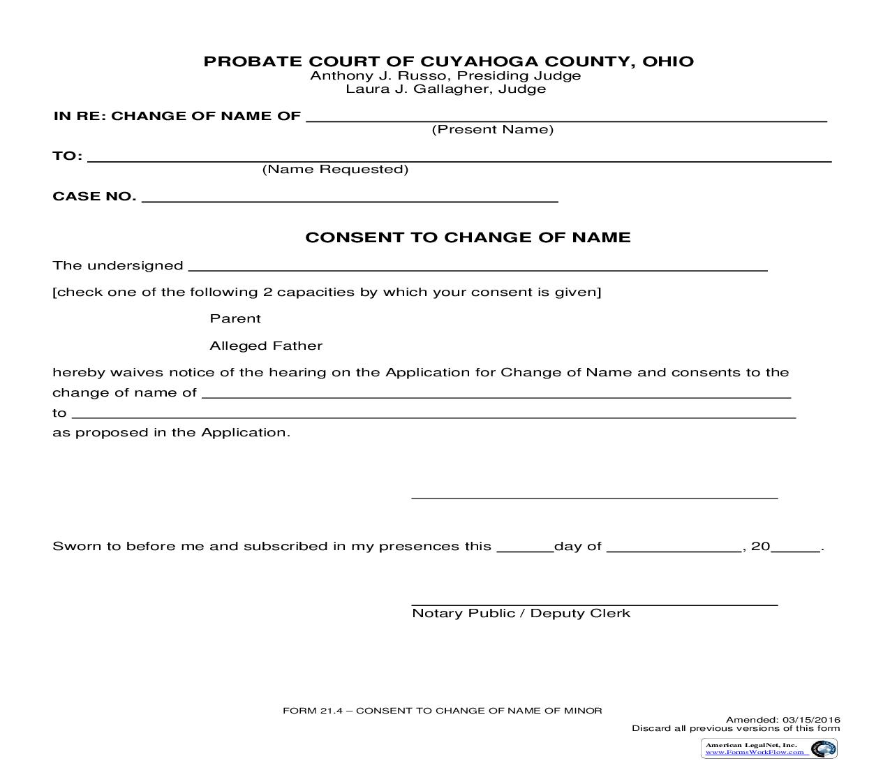 Consent To Change Of Name | Pdf Fpdf Doc Docx | Ohio