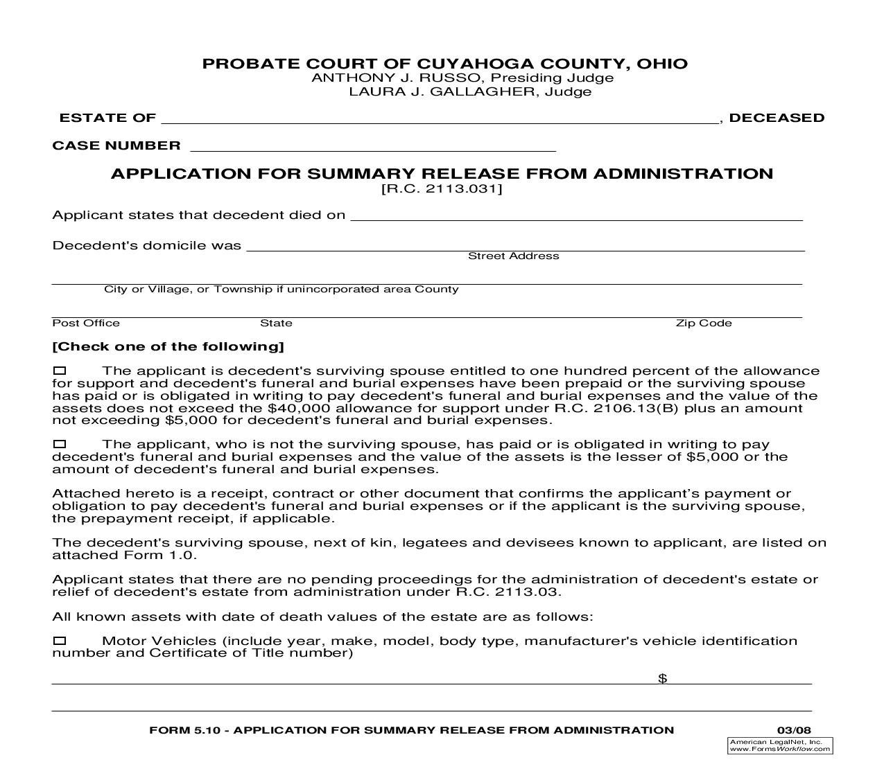 Application For Summary Release From Administration {5.10} | Pdf Fpdf Doc Docx | Ohio