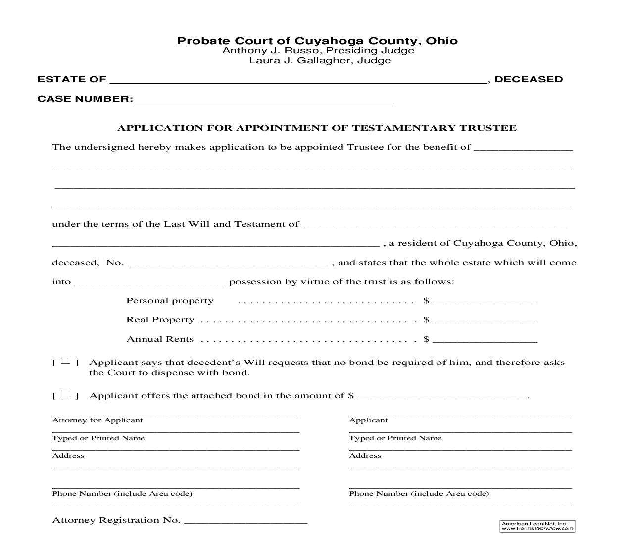 Application For Appointment Of Testamentary Trustee | Pdf Fpdf Doc Docx | Ohio