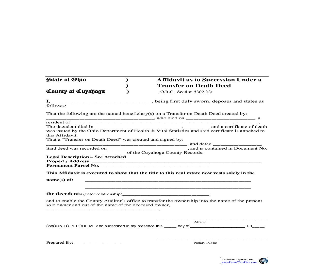 Affidavit As To Succession Under A Transfer On Death Deed | Pdf Fpdf Doc Docx | Ohio