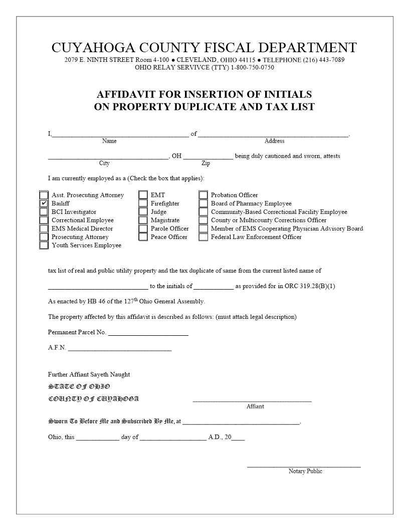 Affidavit For Insertion Of Initials On Property Duplicate And Tax List | Pdf Fpdf Doc Docx | Ohio