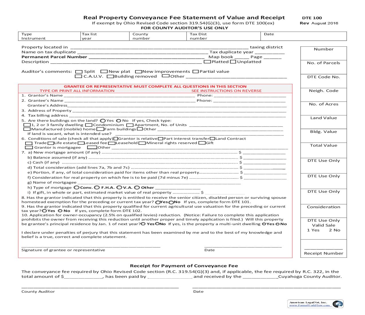 Real Property Conveyance Fee Statement Of Value And Receipt | Pdf Fpdf Doc Docx | Ohio