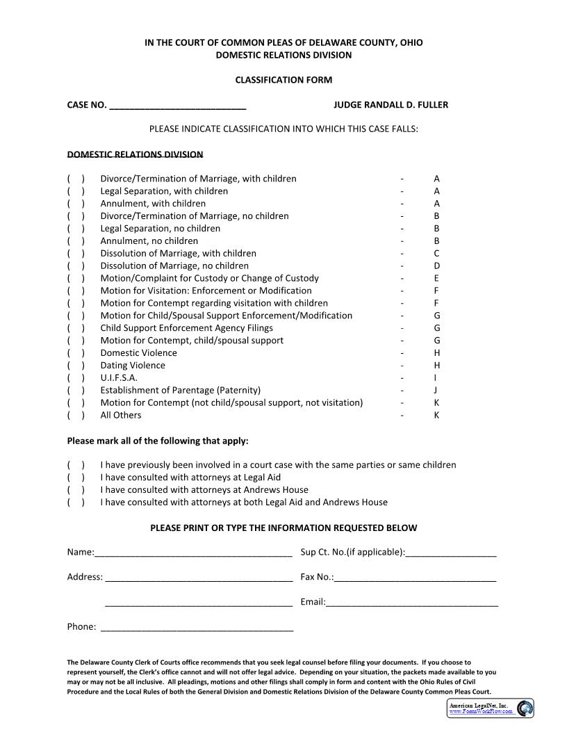 Classification Form (Domestic Relations) | Pdf Fpdf Docx | Ohio