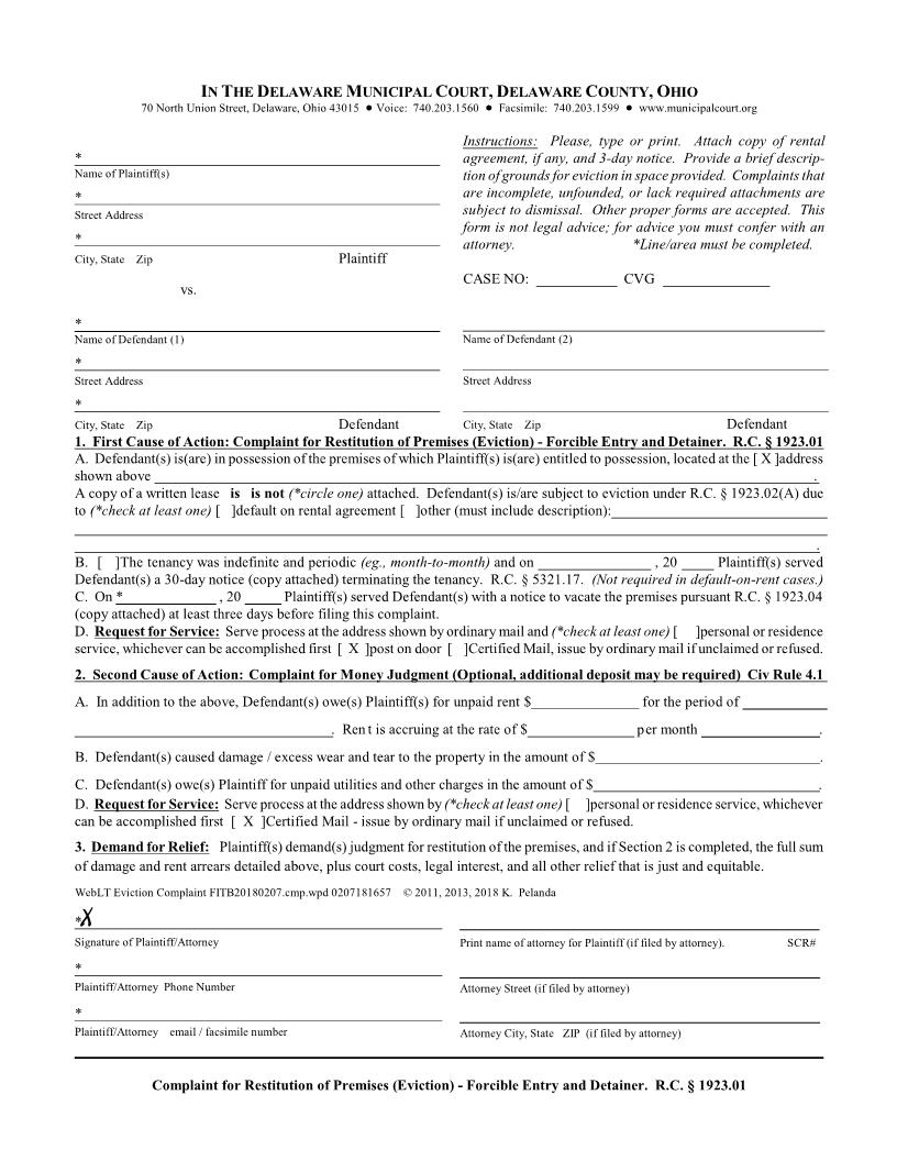 Complaint For Restitution Of Premises (Eviction) -- Forcible Entry And Detainer | Pdf Fpdf Doc Docx | Ohio
