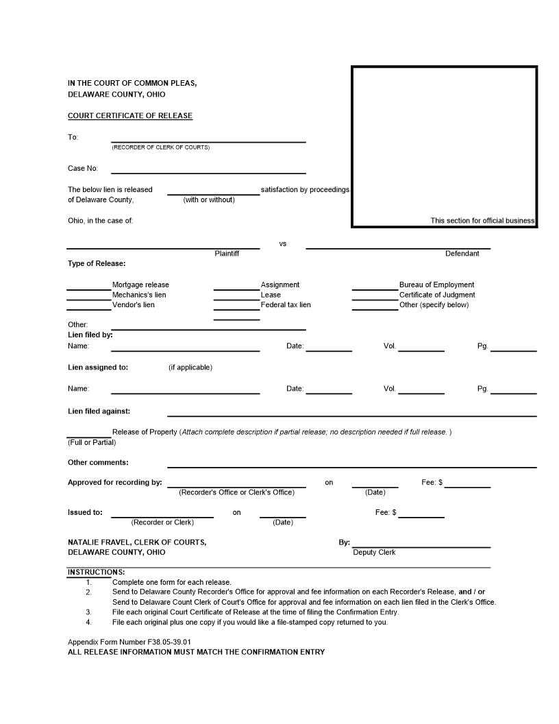 Court Certificate Of Release | Pdf Fpdf Doc Docx | Ohio