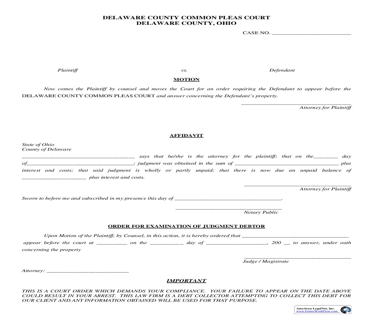 Motion Affidavit And Order For Examination Of Judgment Debtor | Pdf Fpdf Doc Docx | Ohio
