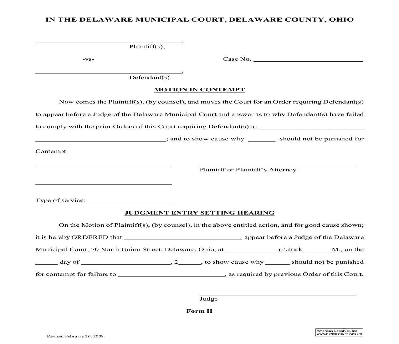 Motion In Contempt{Form H} | Pdf Fpdf Doc Docx | Ohio