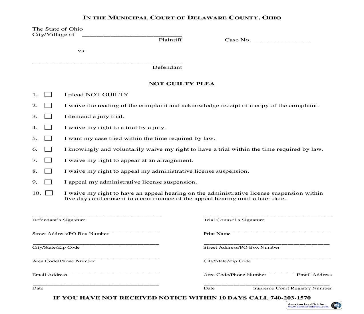 Not Guilty Plea | Pdf Fpdf Doc Docx | Ohio