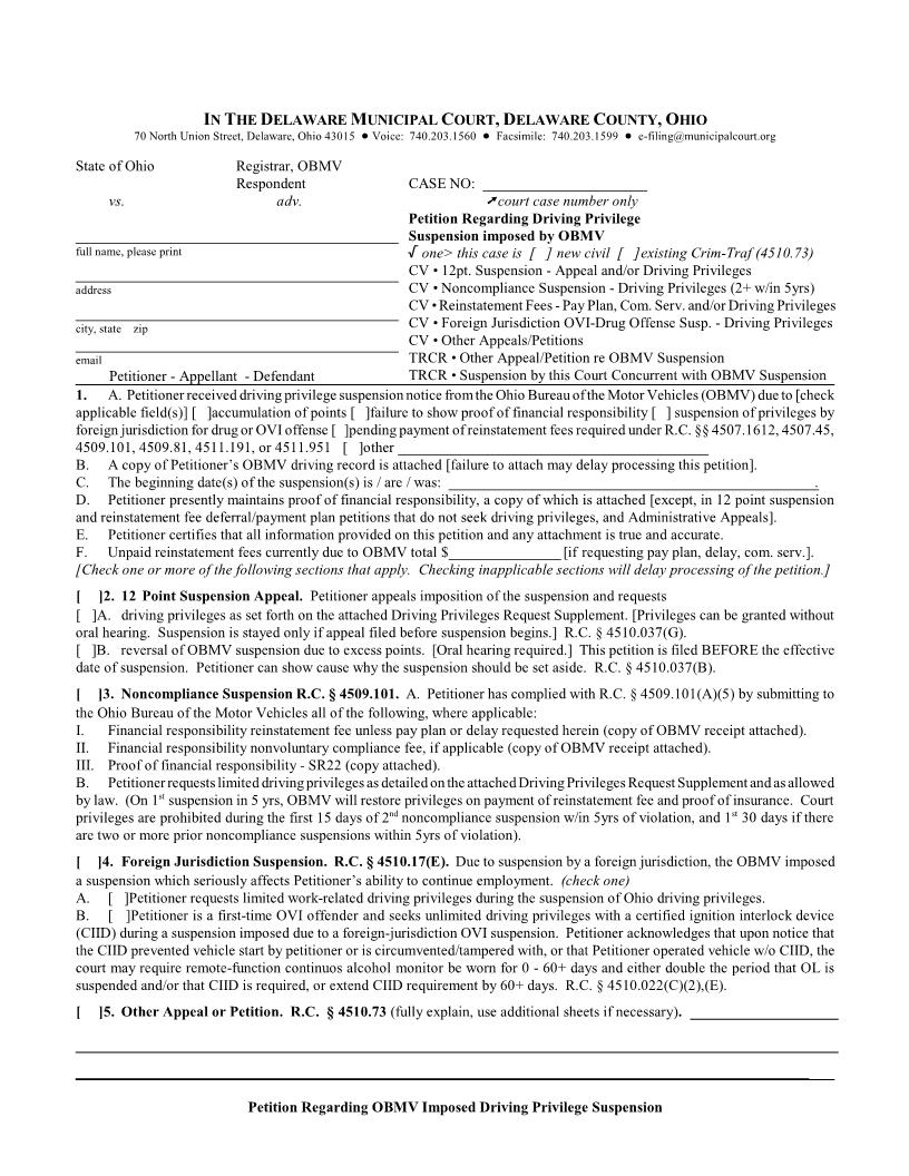 Petition Regarding Driving Privilege | Pdf Fpdf Doc Docx | Ohio