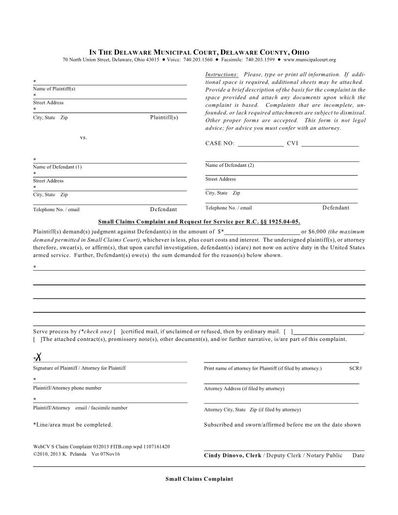 Small Claims Complaint And Request For Service | Pdf Fpdf Doc Docx | Ohio