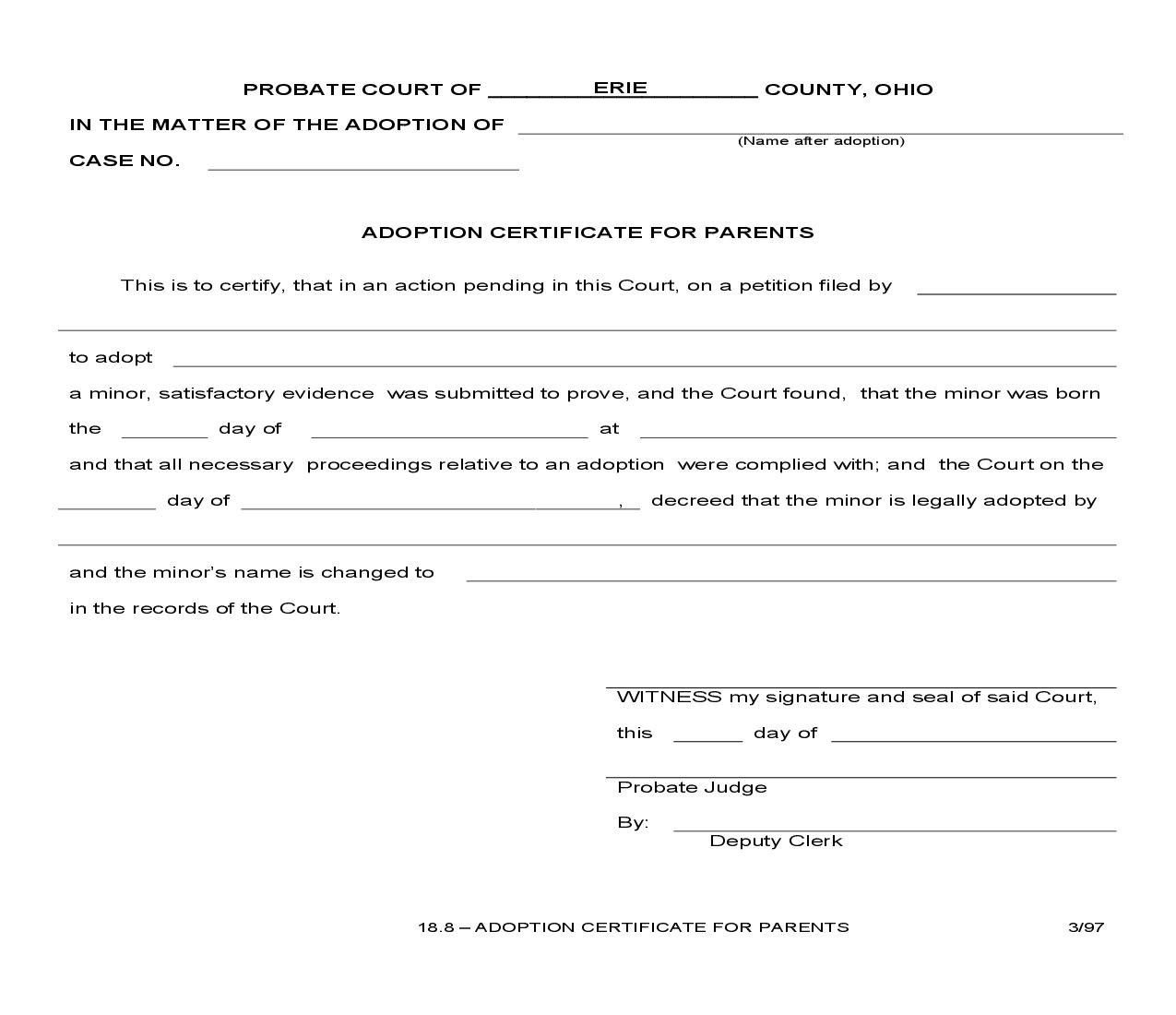 Adoption Certificate For Parents {18.8} | Pdf Fpdf Doc Docx | Ohio