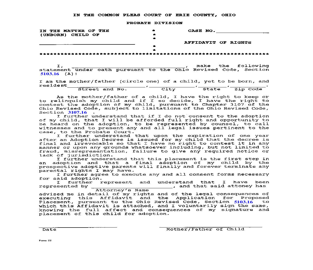 Affidavit Of Rights {Form III} | Pdf Fpdf Doc Docx | Ohio