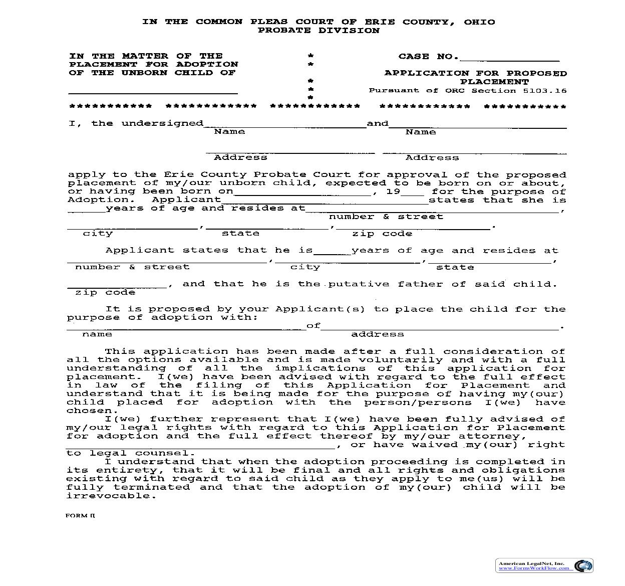 Application For Proposed Placement {Form II} | Pdf Fpdf Doc Docx | Ohio