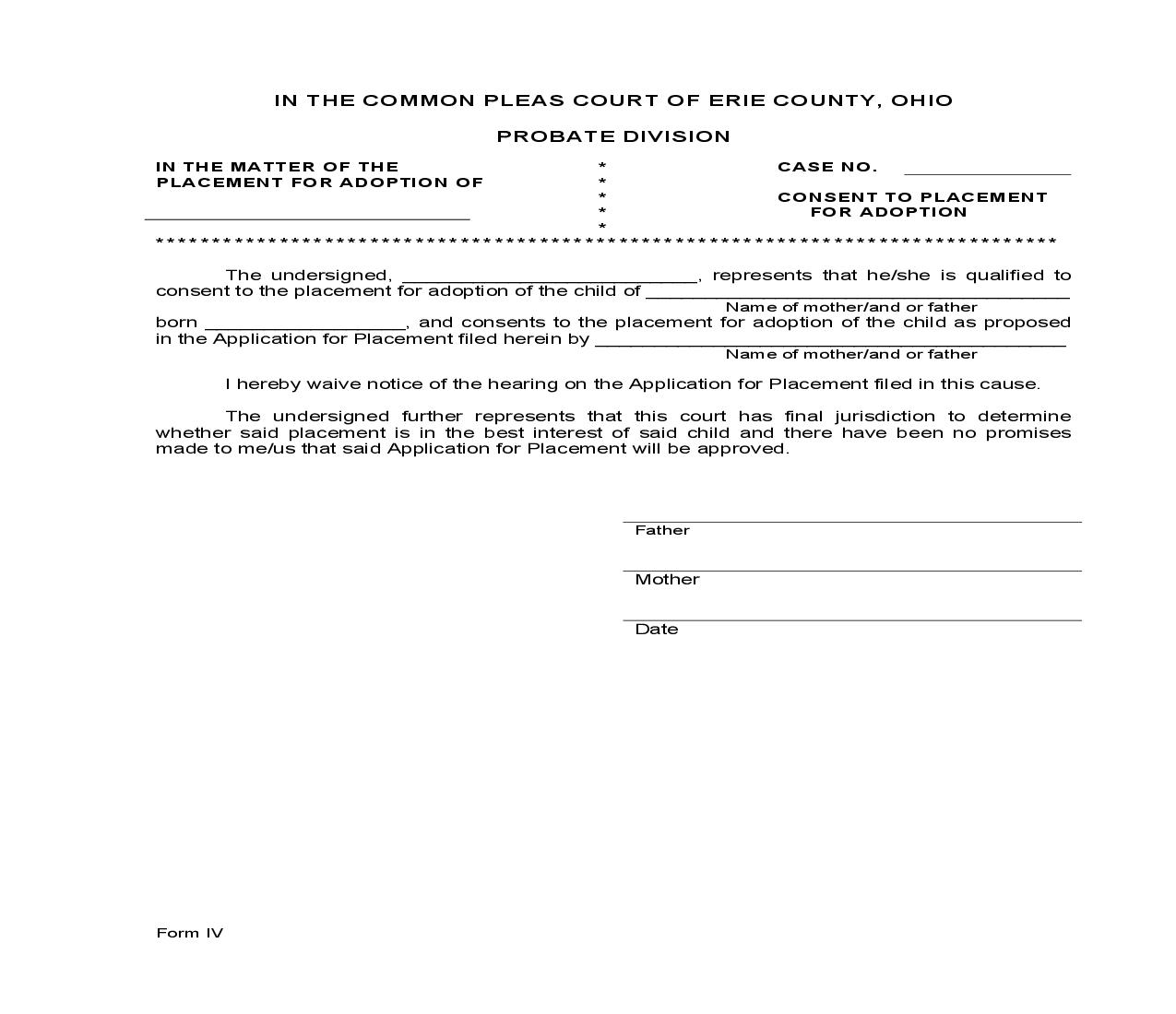 Consent To Placement For Adoption {Form IV} | Pdf Fpdf Doc Docx | Ohio
