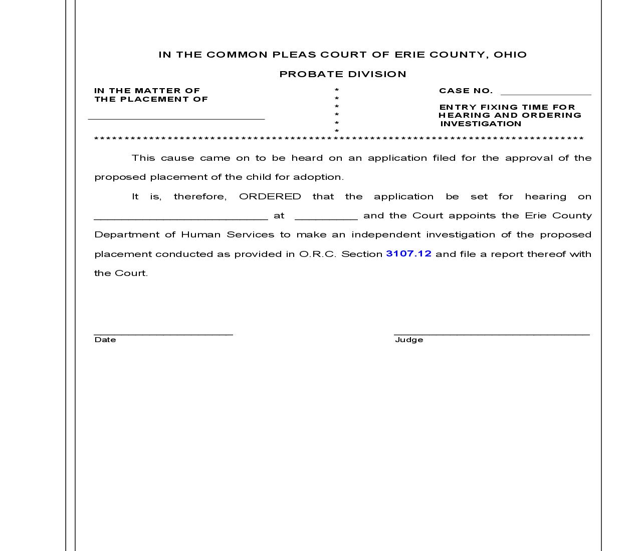 Entry Fixing Time For Hearing And Ordering Investigation | Pdf Fpdf Doc Docx | Ohio