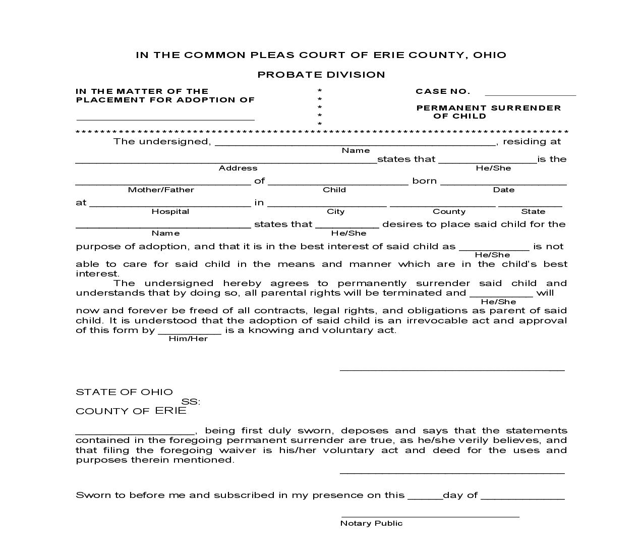 Permanent Surrender Of Child | Pdf Fpdf Doc Docx | Ohio