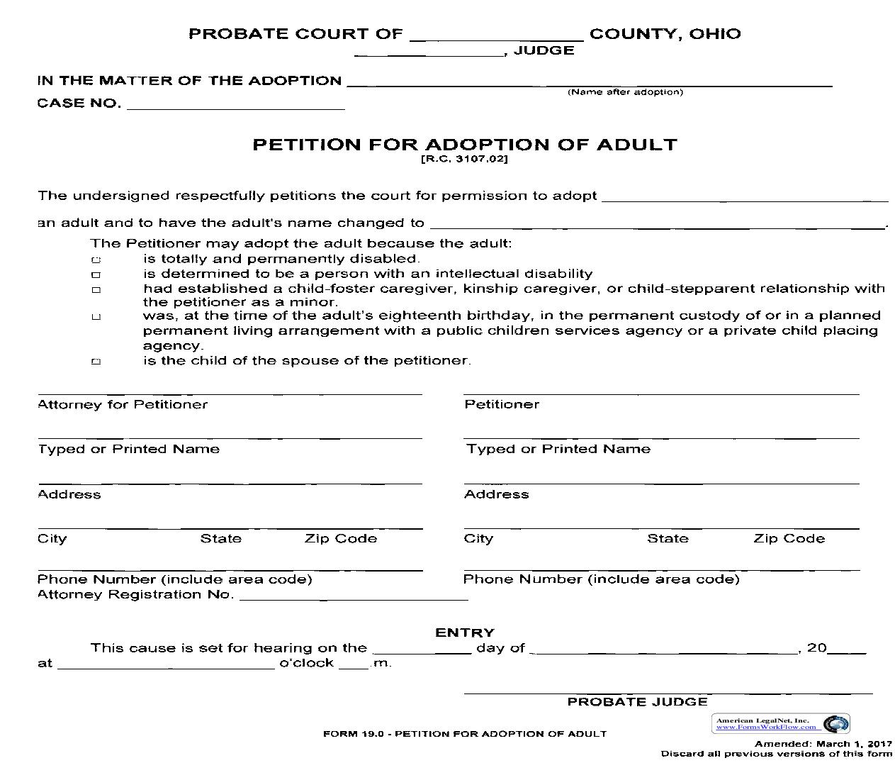 Petition For Adoption Of Adult {19.0} | Pdf Fpdf Doc Docx | Ohio