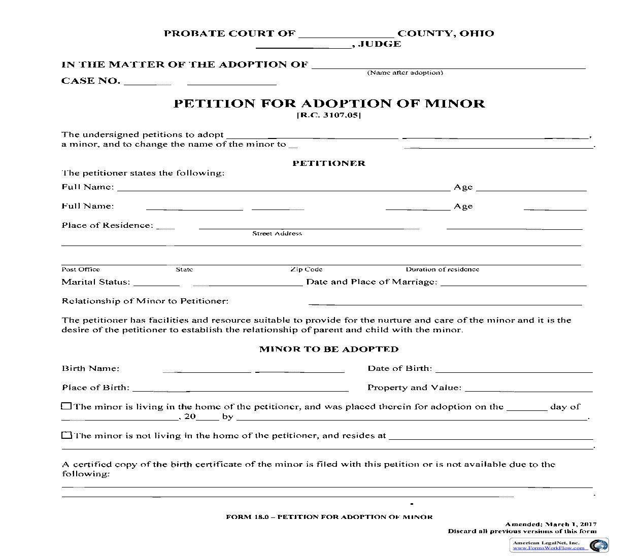 Petition For Adoption Of Minor {18.0} | Pdf Fpdf Doc Docx | Ohio