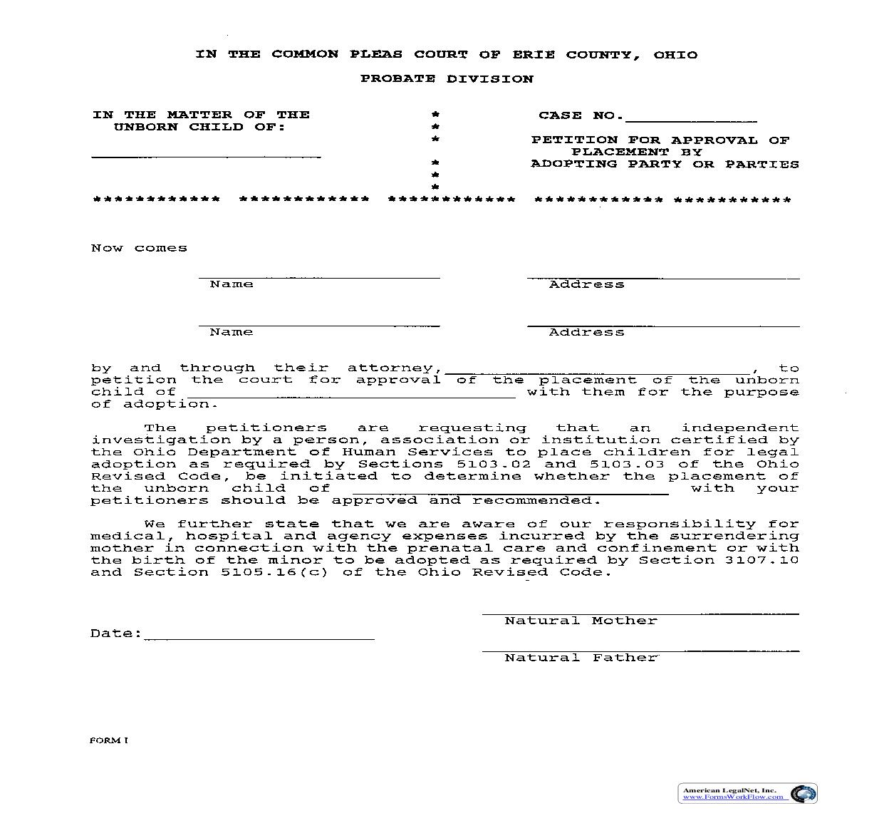 Petition For Approval Of Placement By Adopting Party Or Parties {Form I} | Pdf Fpdf Doc Docx | Ohio