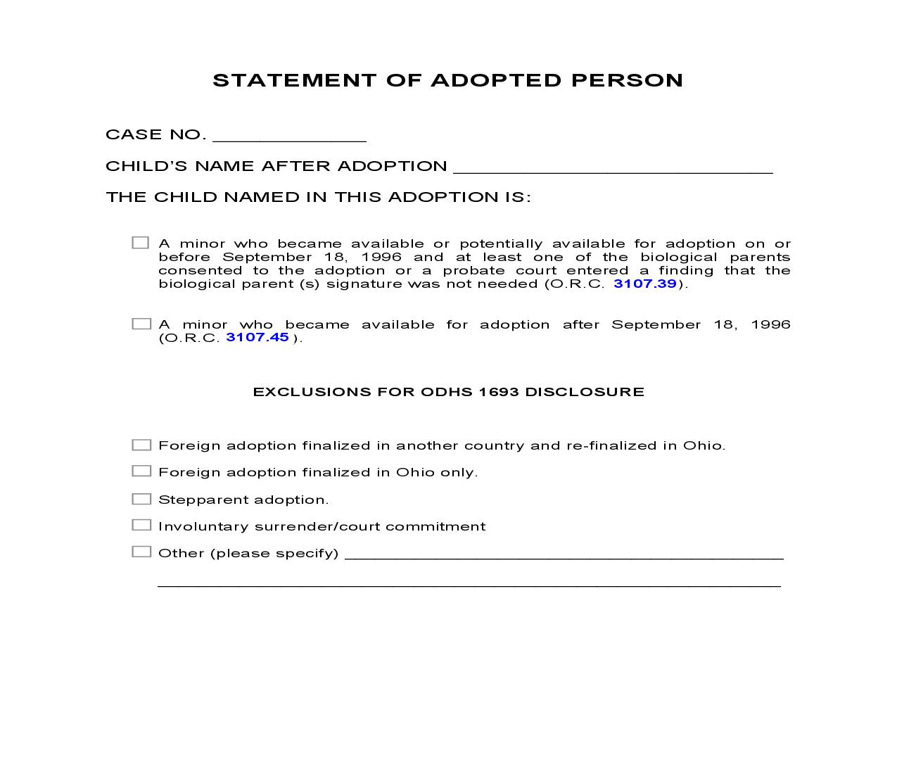 Statement Of Adopted Person | Pdf Fpdf Doc Docx | Ohio
