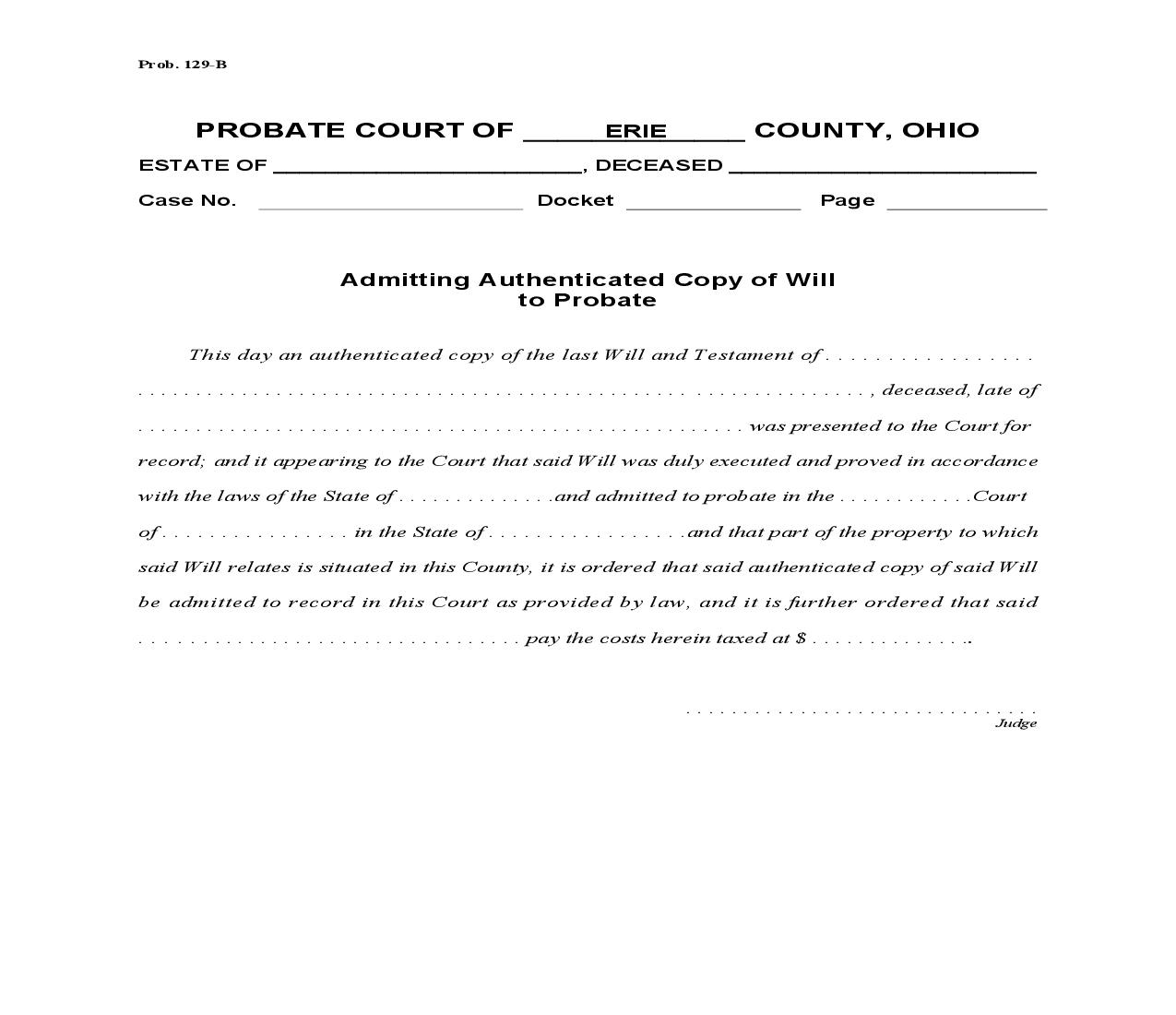 Admitting Authenticated Copy Of Will To Probate {Prob 129-B} | Pdf Fpdf Doc Docx | Ohio
