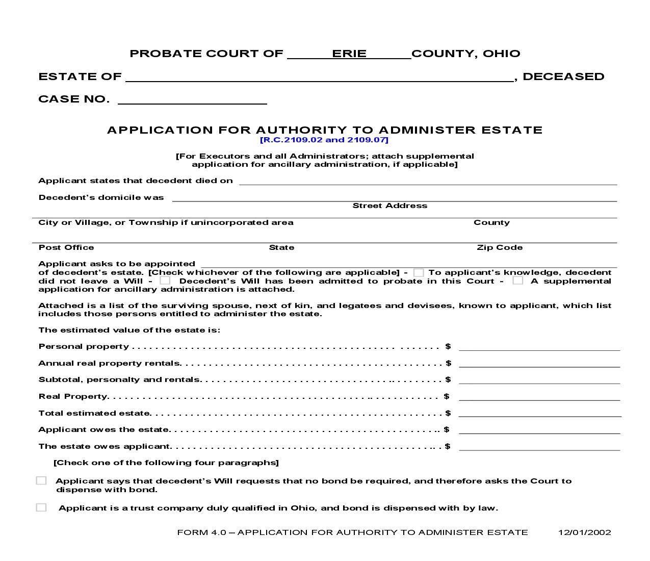 Application For Authority To Administer Estate {4.0} | Pdf Fpdf Doc Docx | Ohio