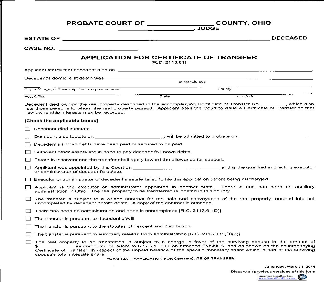 Application For Certificate Of Transfer {12.0} | Pdf Fpdf Doc Docx | Ohio