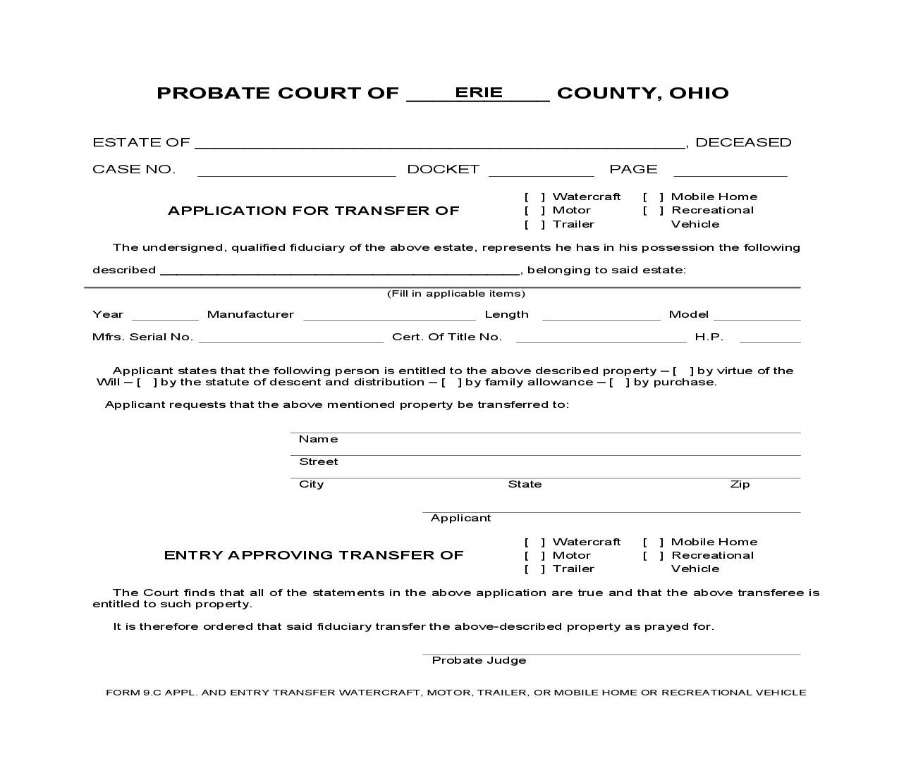 Application For Transfer Of Watercraft Motor Trailer Mobile Home Recreational Vehicle {9.C} | Pdf Fpdf Doc Docx | Ohio