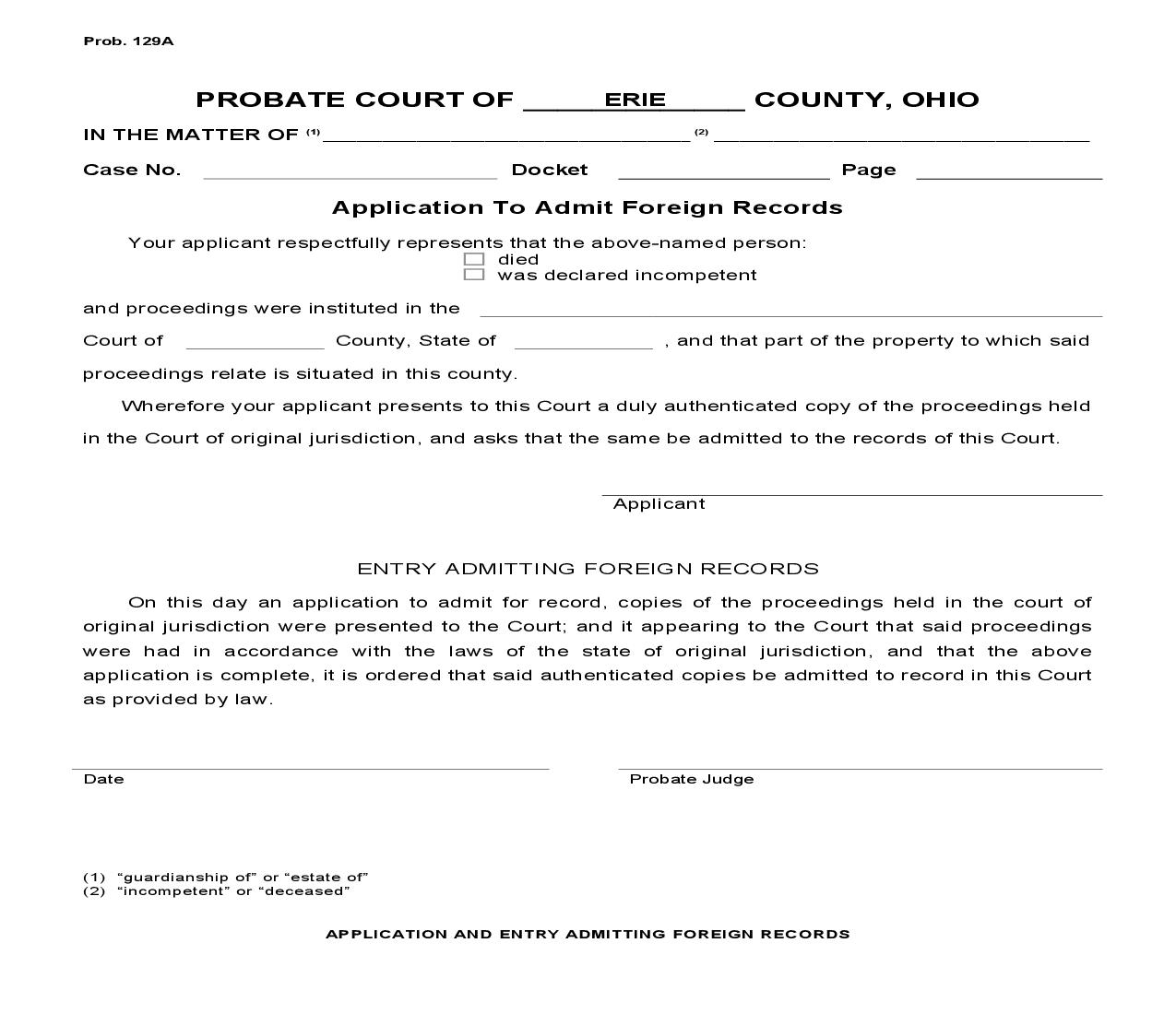 Application To Admit Foreign Records {Prob 129A} | Pdf Fpdf Doc Docx | Ohio