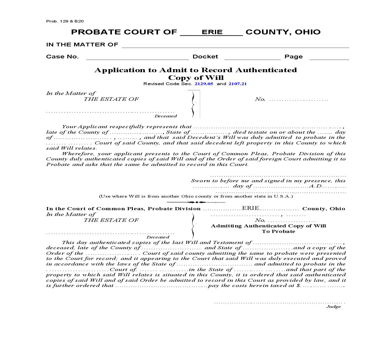 Application To Admit To Record Authenticated Copy Of Will | Pdf Fpdf Doc Docx | Ohio