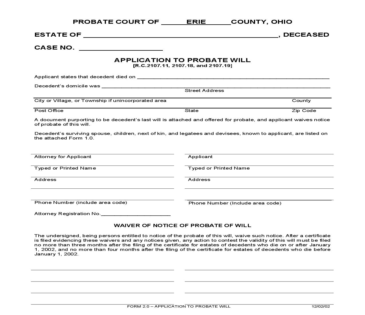 Application To Probate Will {2.0} | Pdf Fpdf Doc Docx | Ohio