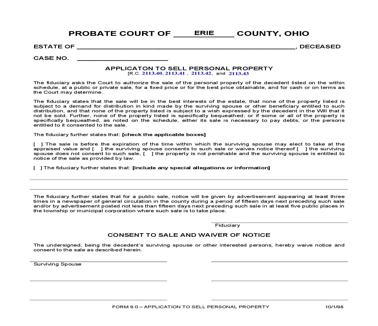 Application To Sell Personal Property {9.0} | Pdf Fpdf Doc Docx | Ohio