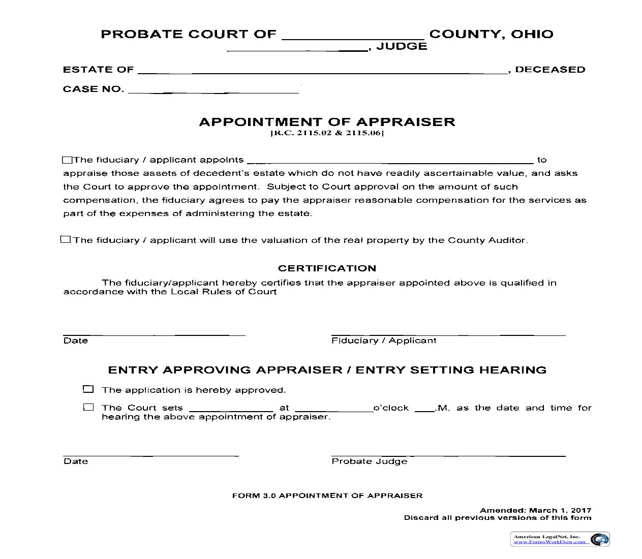 Appointment Of Appraiser {3.0} | Pdf Fpdf Doc Docx | Ohio