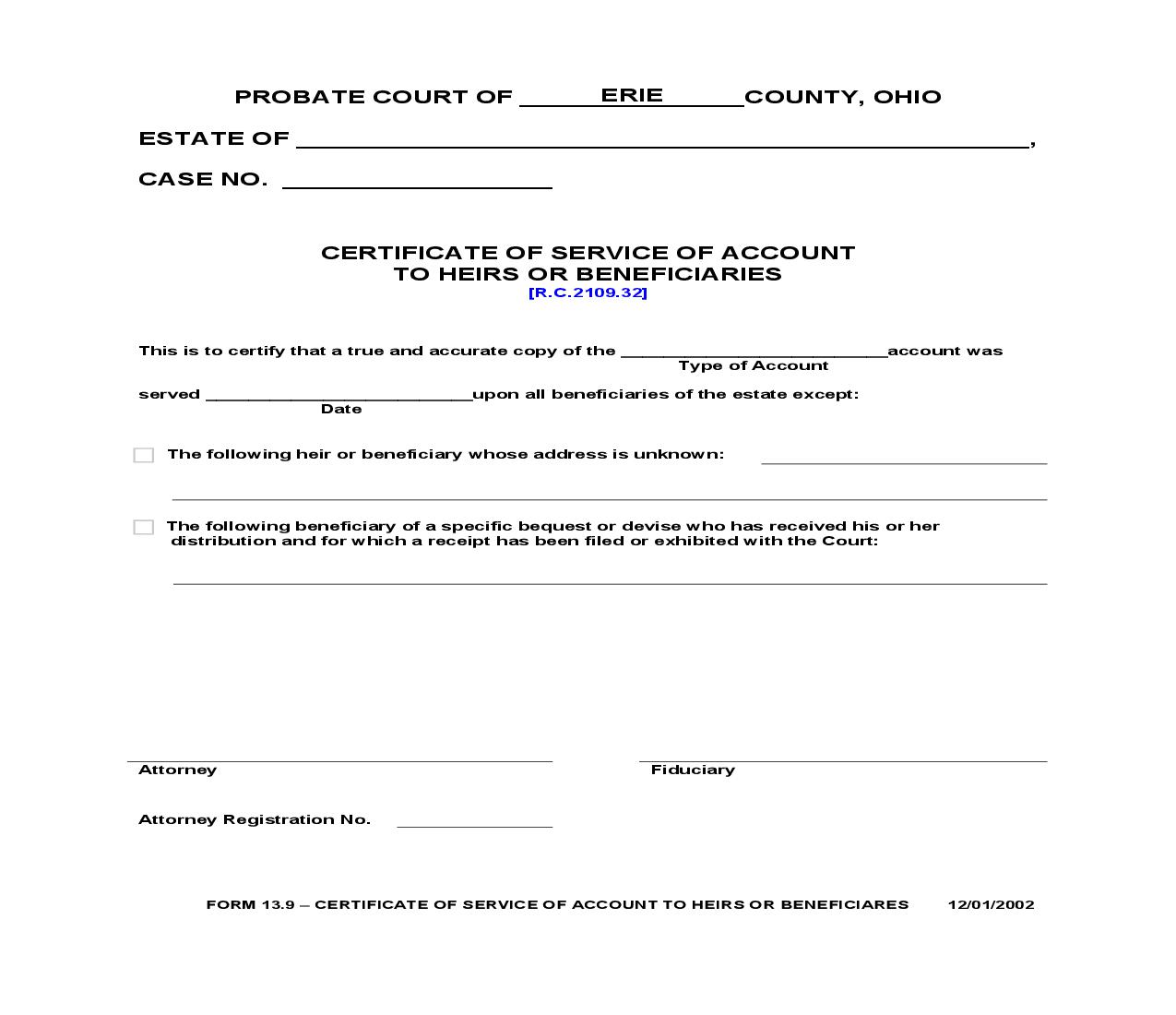 Certificate Of Service Of Account To Heirs Or Beneficiaries {13.9} | Pdf Fpdf Doc Docx | Ohio