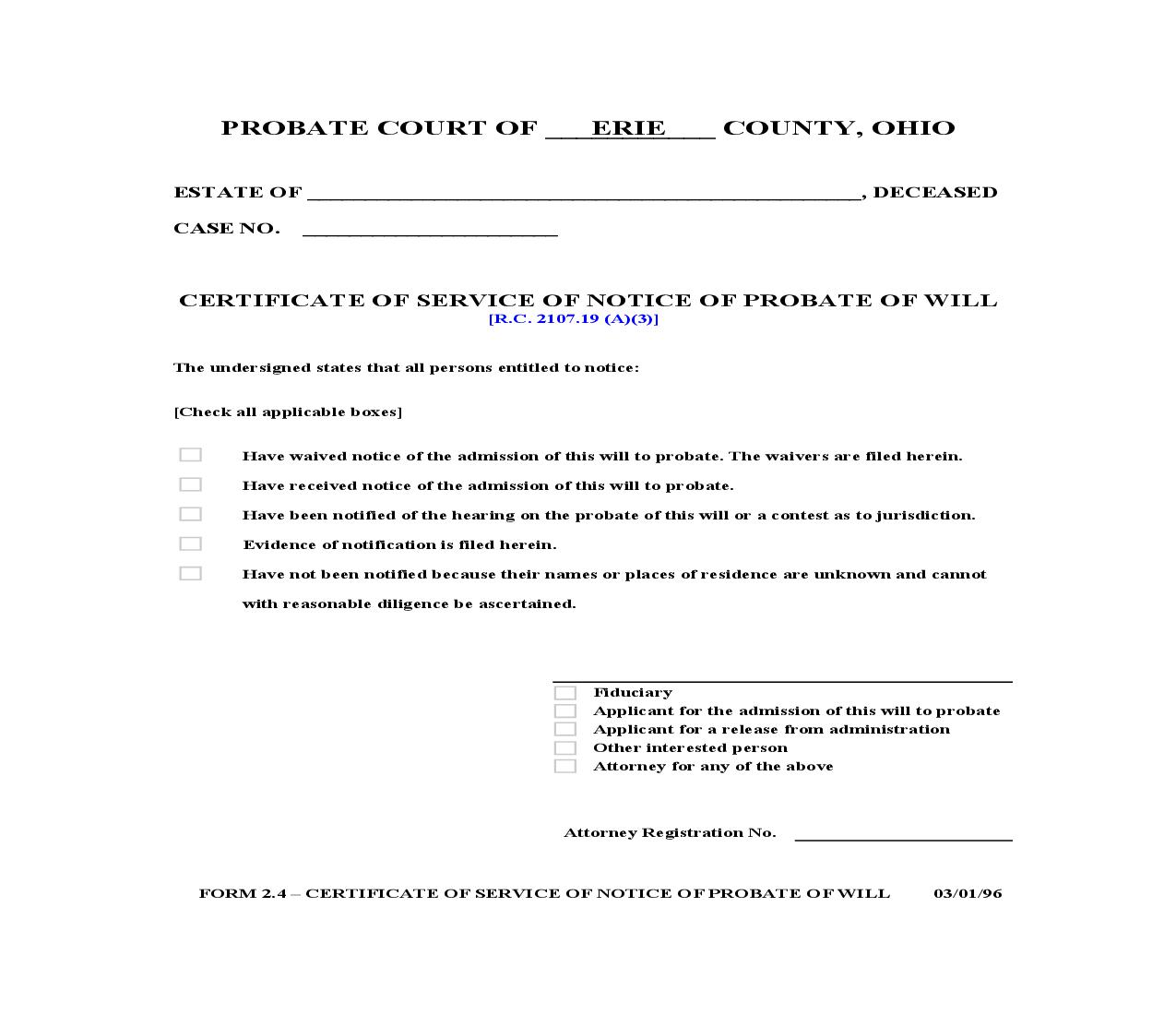 Certificate Of Service Of Notice Of Probate Of Will {2.4} | Pdf Fpdf Doc Docx | Ohio