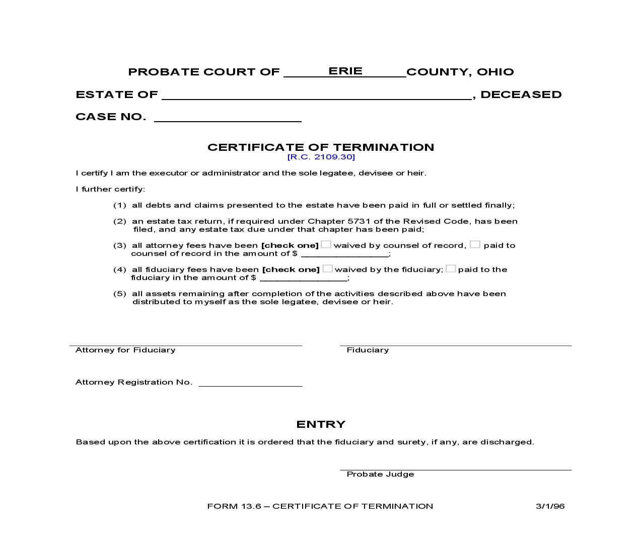 Certificate Of Termination {13.6} | Pdf Fpdf Doc Docx | Ohio