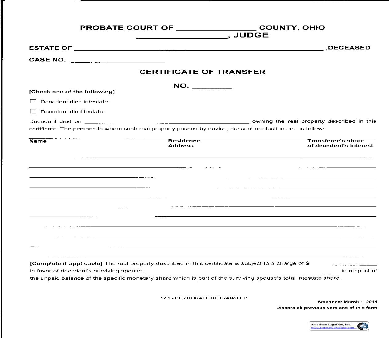 Certificate To Transfer {12.1} | Pdf Fpdf Doc Docx | Ohio