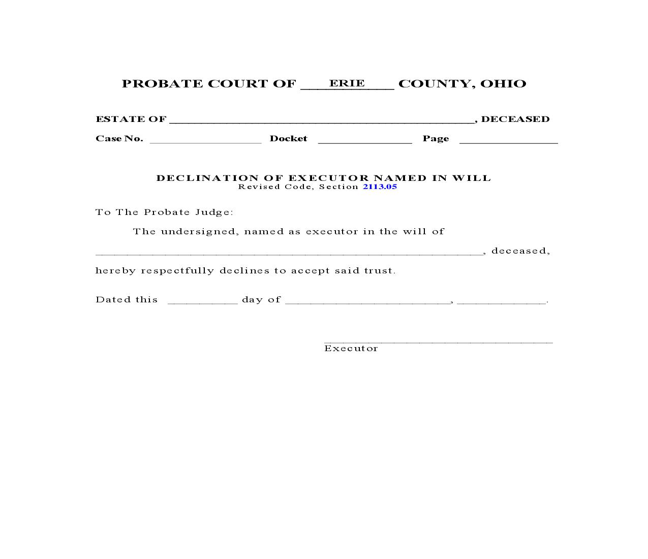 Declination Of Executor Named In Will | Pdf Fpdf Doc Docx | Ohio