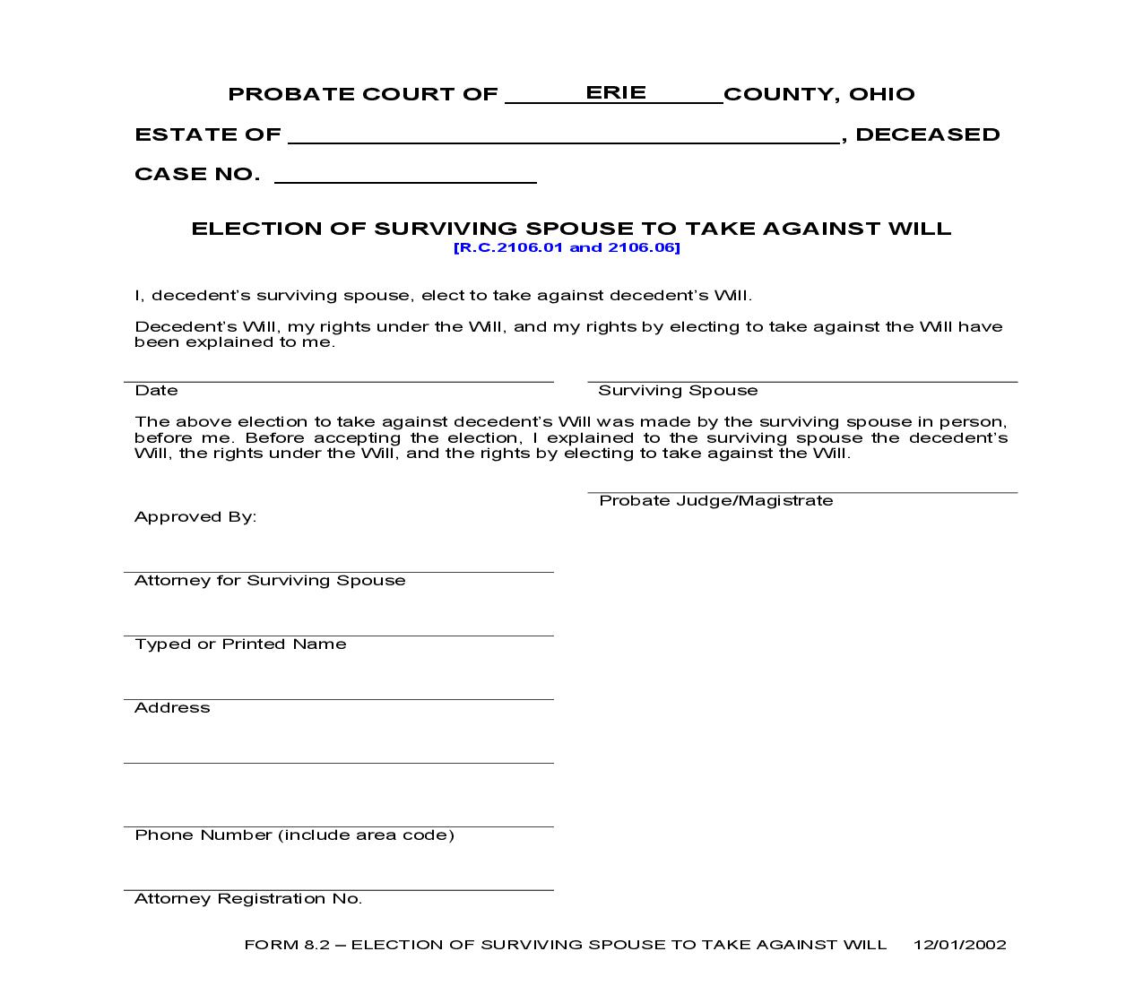 Election Of Surviving Spouse To Take Against Will {8.2} | Pdf Fpdf Doc Docx | Ohio