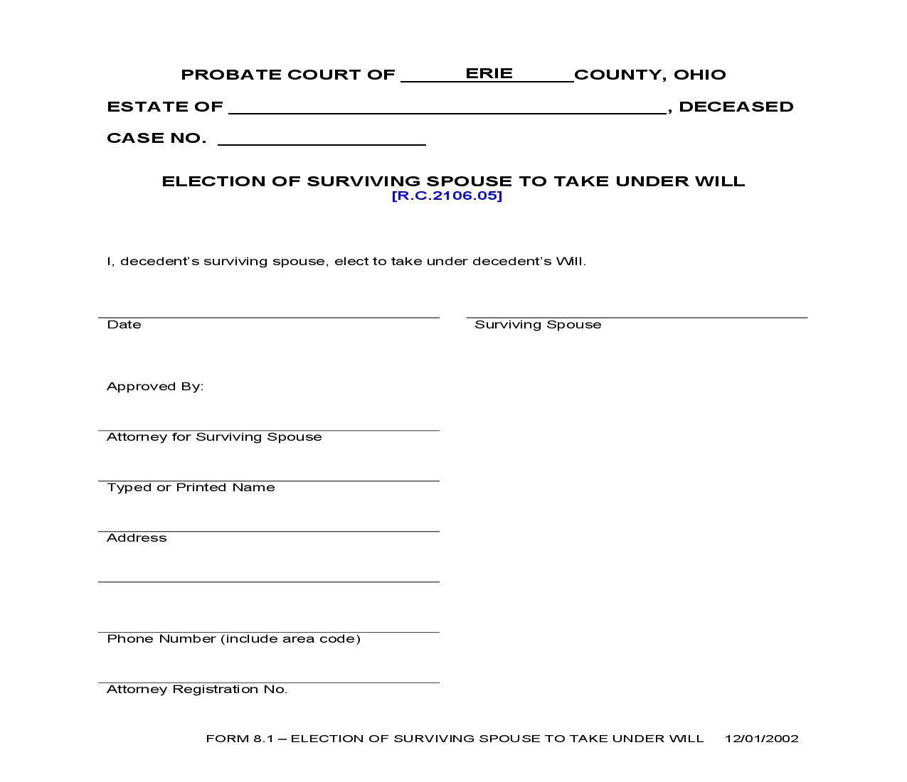 Election Of Surviving Spouse To Take Under Will {8.1} | Pdf Fpdf Doc Docx | Ohio