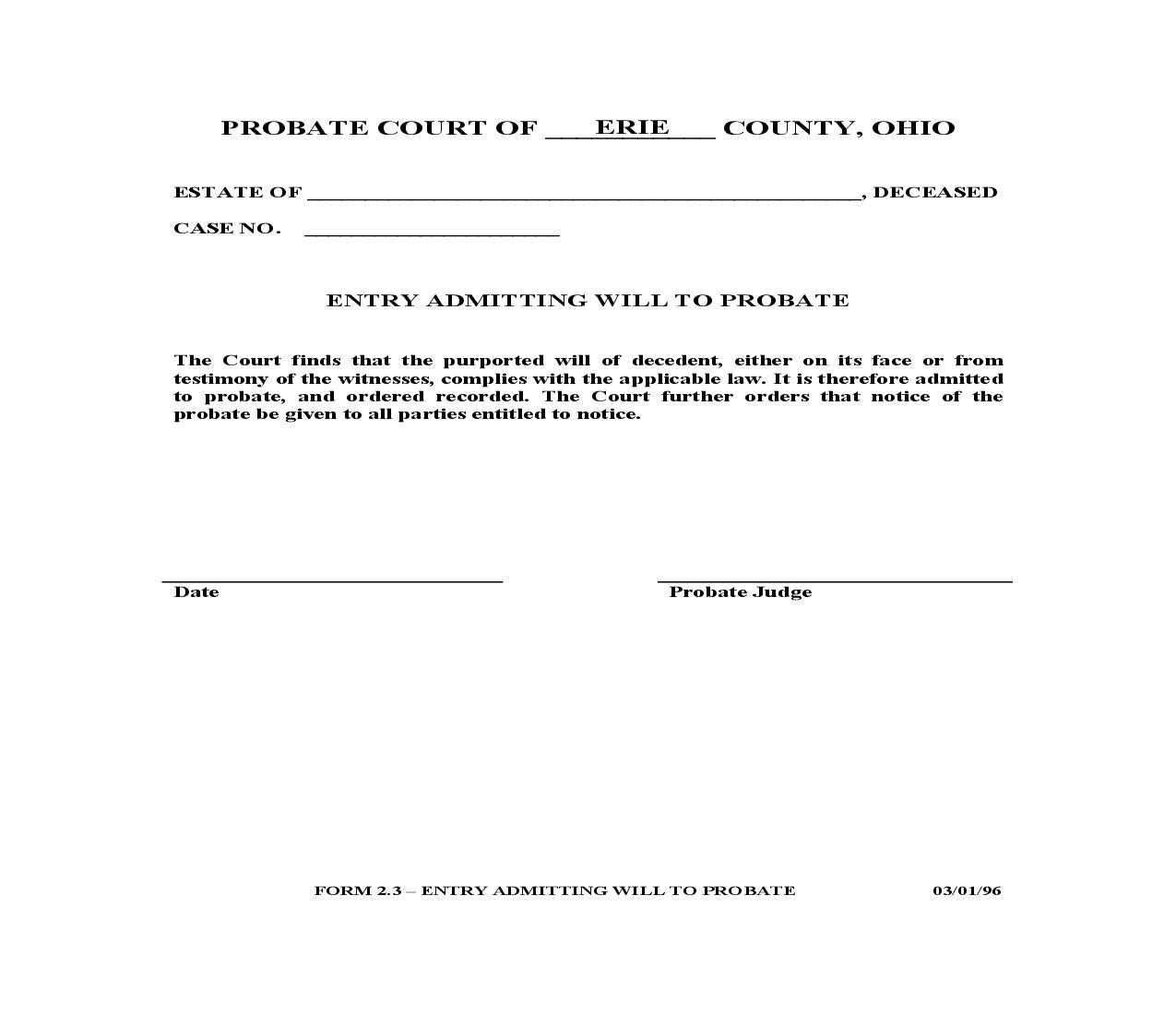 Entry Admitting Will To Probate {2.3} | Pdf Fpdf Doc Docx | Ohio