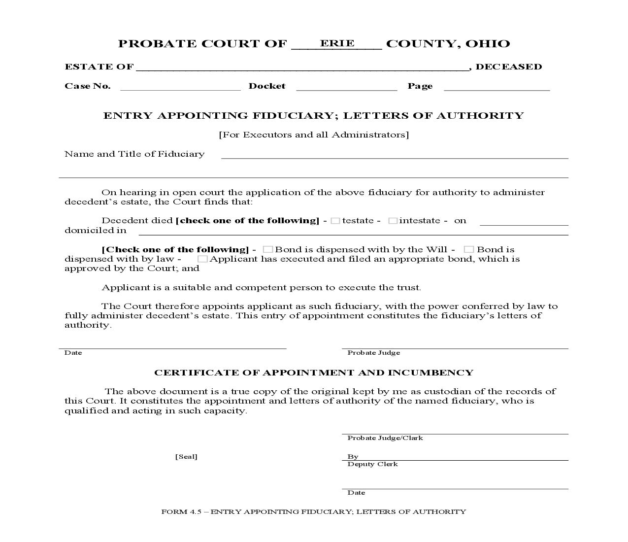 Entry Appointing Fiduciary Letters Of Authority {4.5} | Pdf Fpdf Doc Docx | Ohio