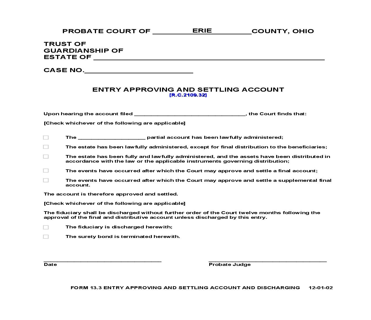 Entry Approving And Settling Account {13.3} | Pdf Fpdf Doc Docx | Ohio