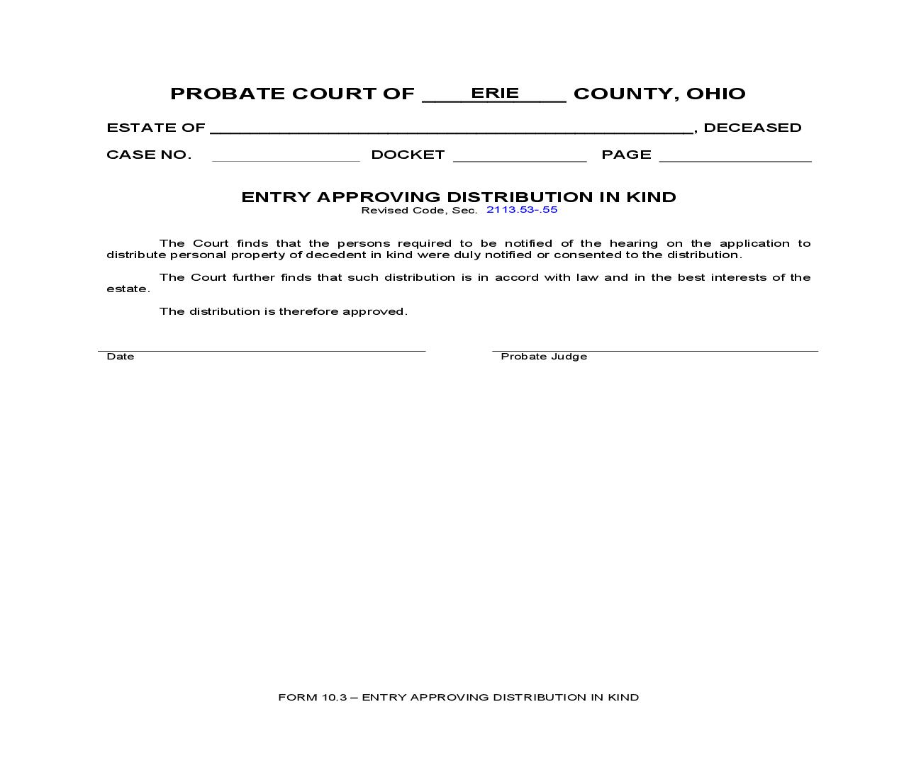 Entry Approving Distribution in Kind {10.3} | Pdf Fpdf Doc Docx | Ohio