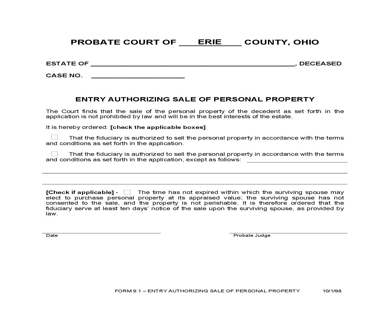 Entry Authorizing Sale Of Personal Property {9.1} | Pdf Fpdf Doc Docx | Ohio